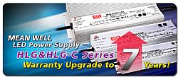 MEAN WELL HLG & HLG-C Series LED Power Supplies Warranty Upgraded to 7 Years