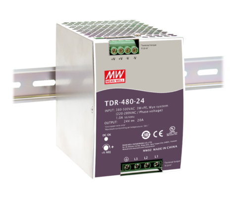 TDR-480 Series 480W Three Phase Industrial DIN Rail Power Supplies with PFC