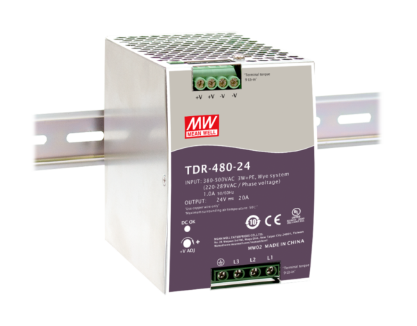 TDR-480 Series 480W Three Phase Industrial DIN Rail Power Supplies with PFC